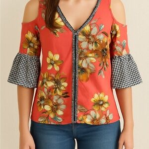 Floral Cold Shoulder Top - Red